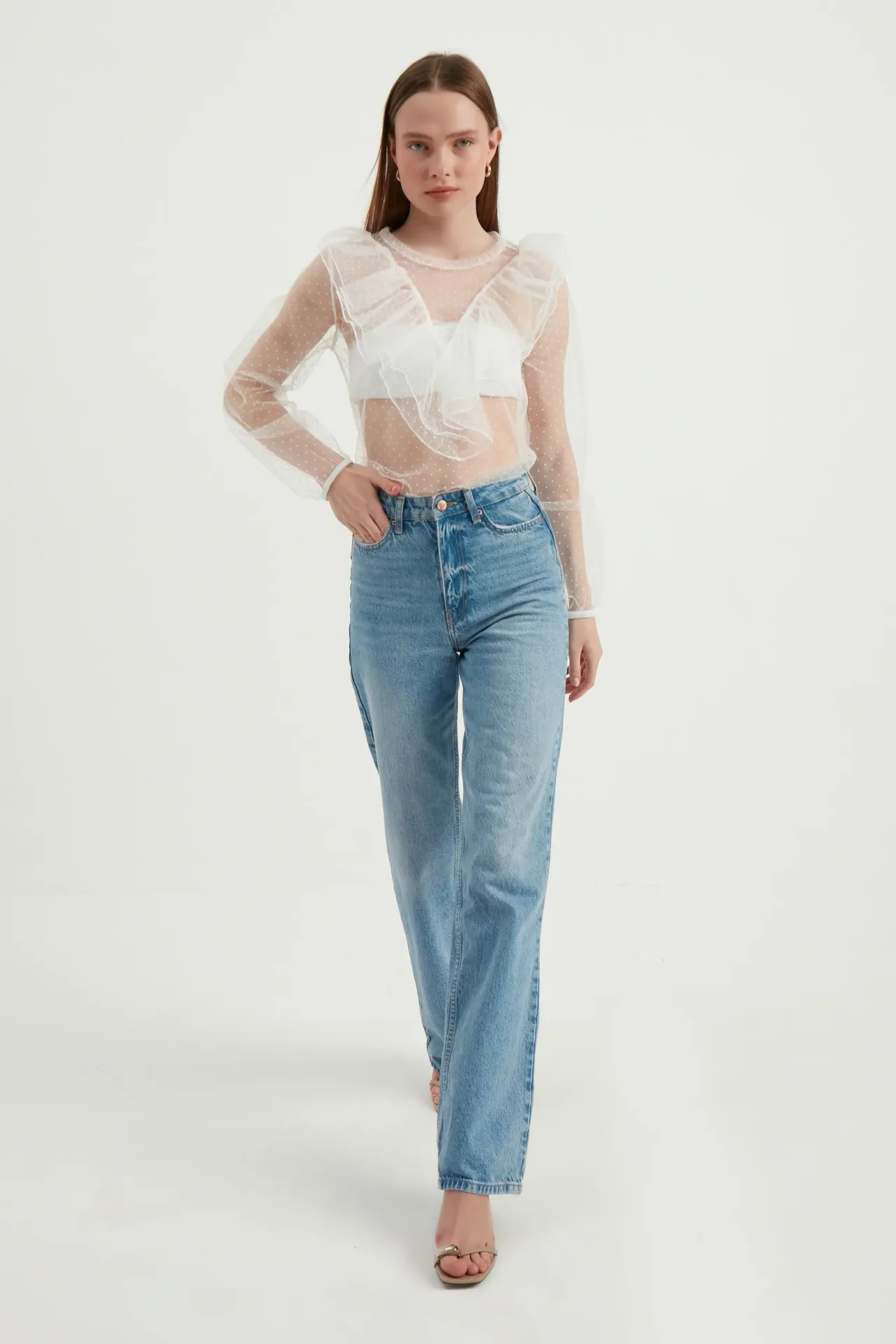Polka Dot Round Neck Mesh Ruffled Long Sleeve Blouse