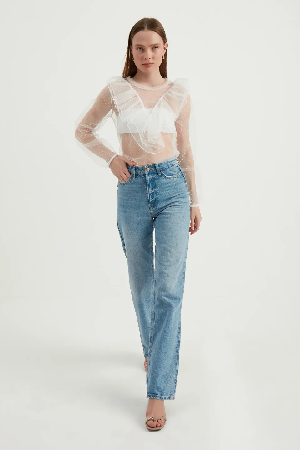 Polka Dot Round Neck Mesh Ruffled Long Sleeve Blouse
