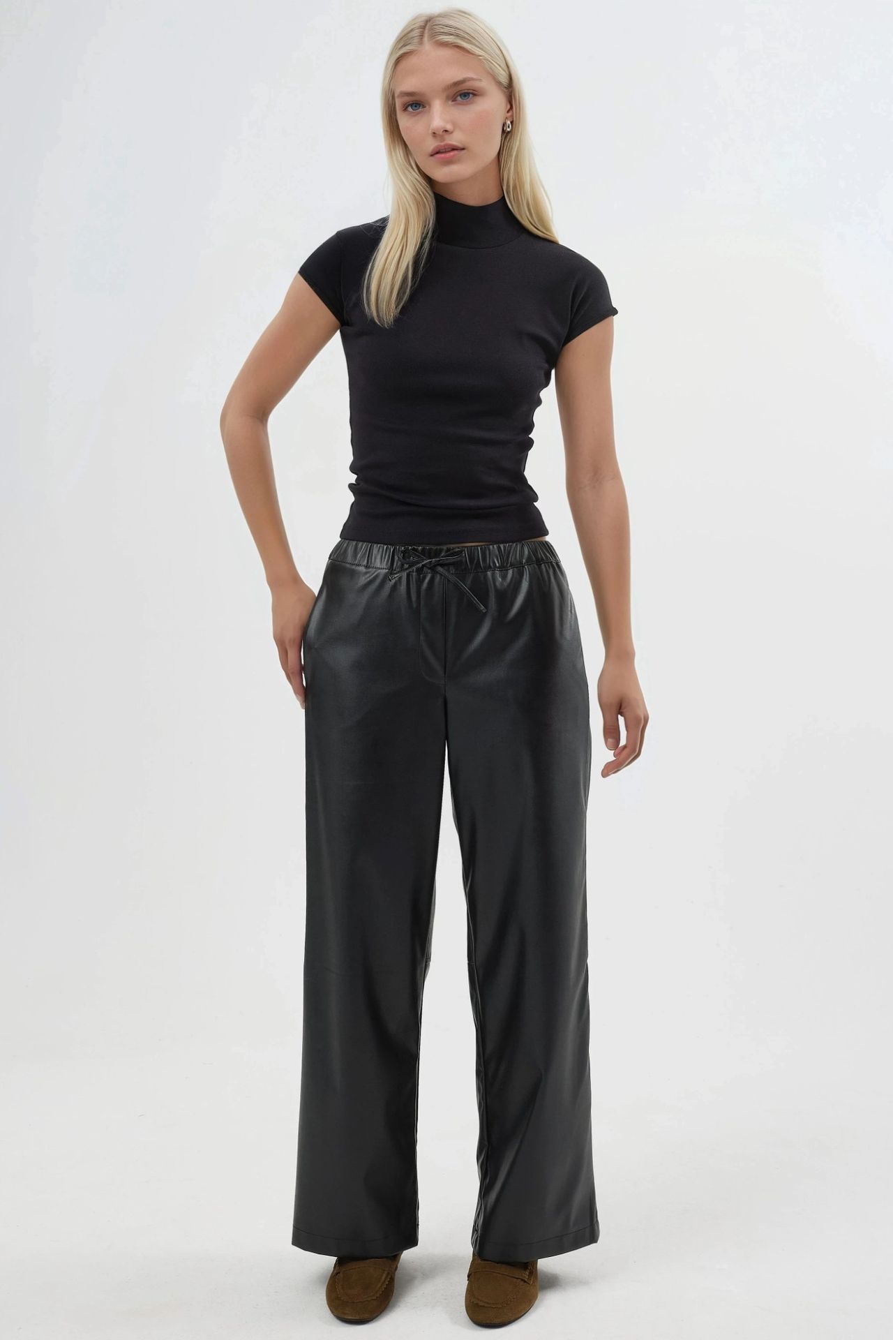 BUSEM High Waist Faux Leather Pants with Drawstring 8
