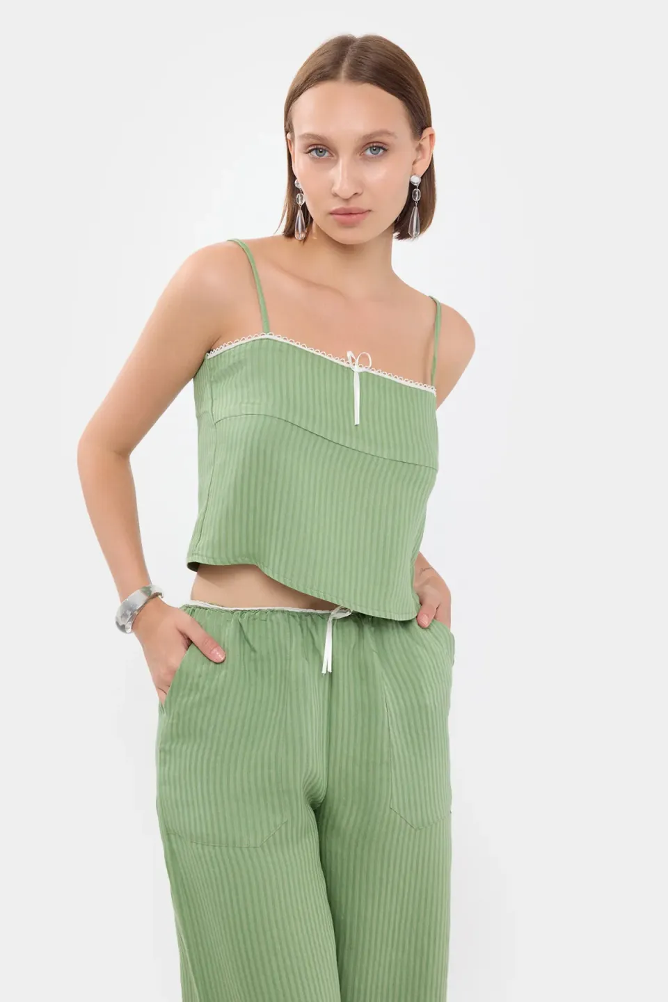 Striped Square Neck Strappy Cropped Pajama Top