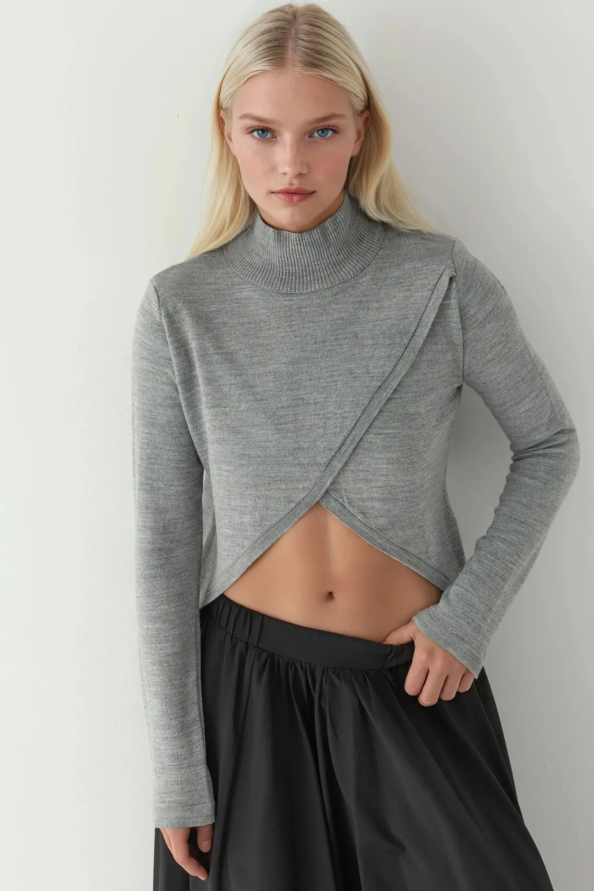 Grey Asymmetric Turtleneck Knit Sweater Women
