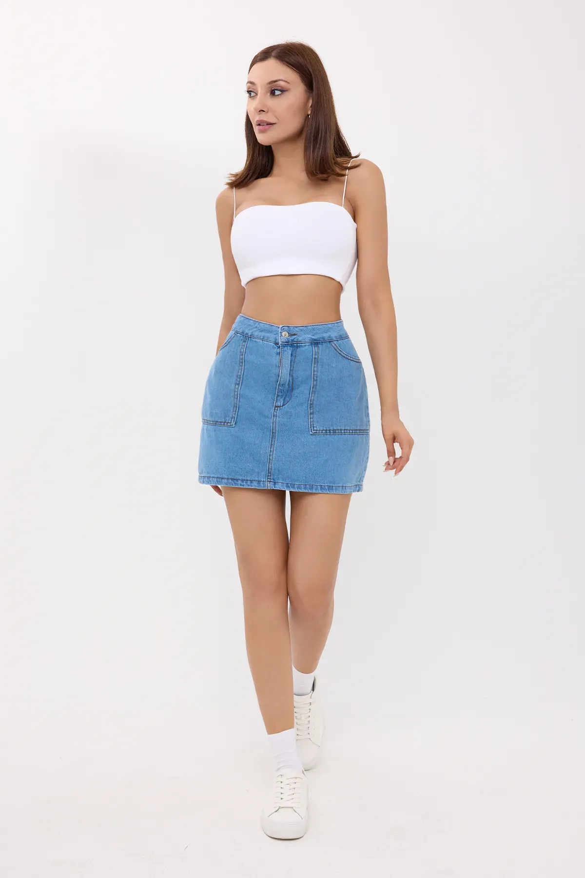 High Waist Denim Mini Skirt with Patch Pockets 2