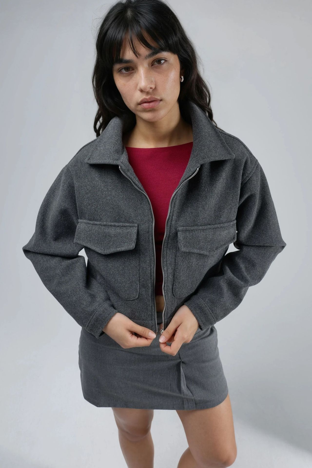 BUSEM Crop Gabardine Jacket with Zipper and Pocket 2