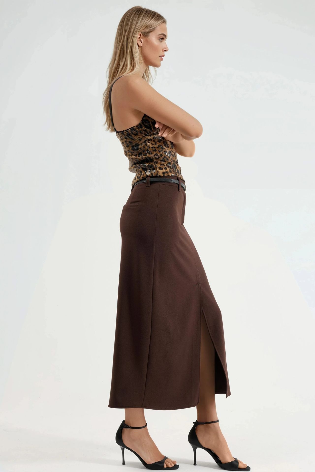 QU STYLE Belted Midi Skirt with Slit 5