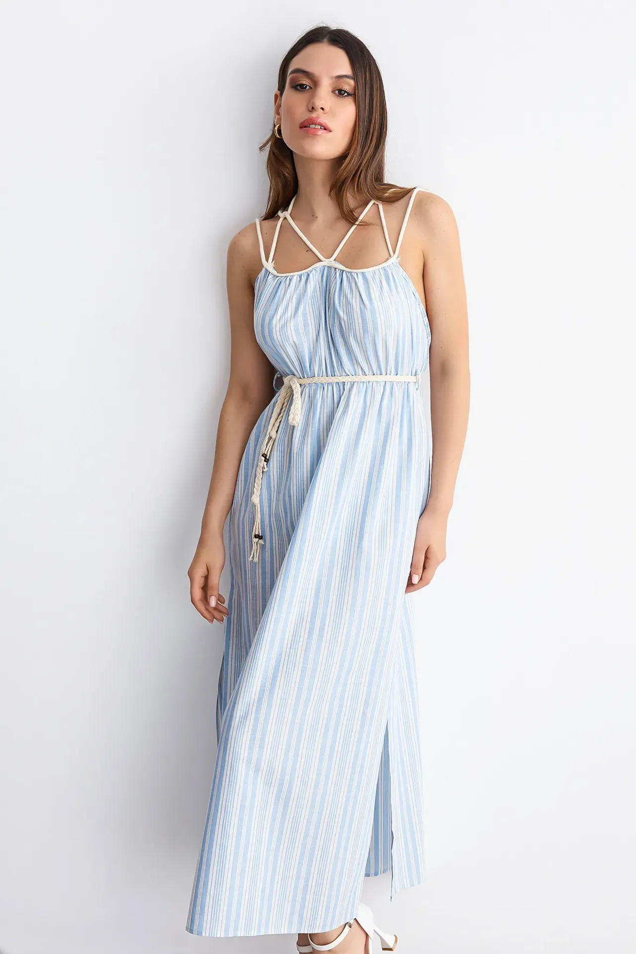 Striped Tie-Front Spaghetti Strap Maxi Dress