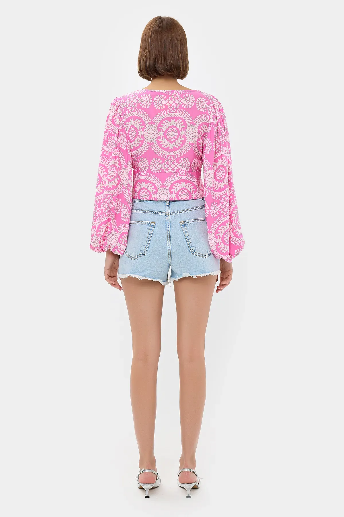 Soyut V Yaka Balon Kollu Bohem Crop Top 5