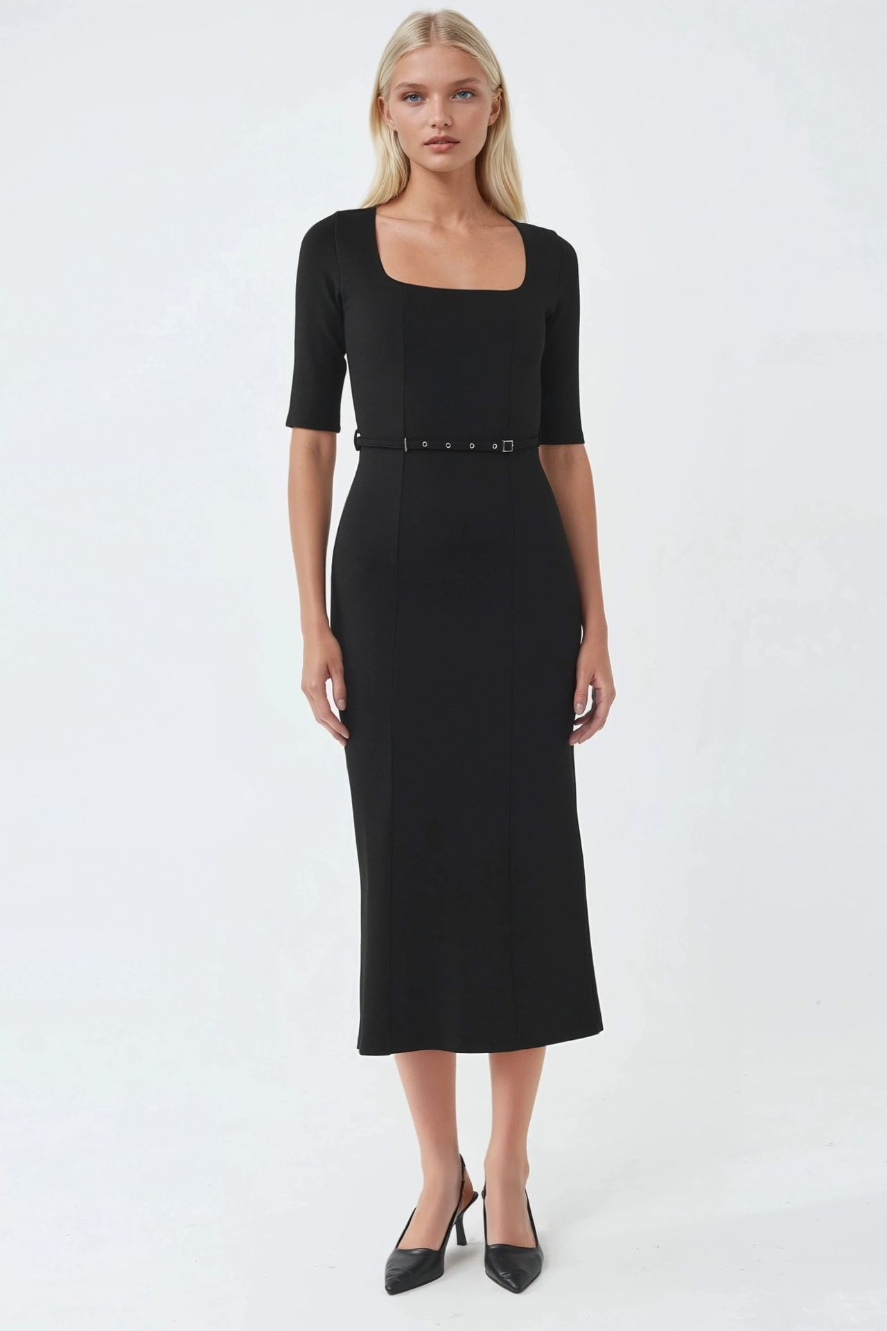 BUSEM Belted Midi Dress with Square Collar