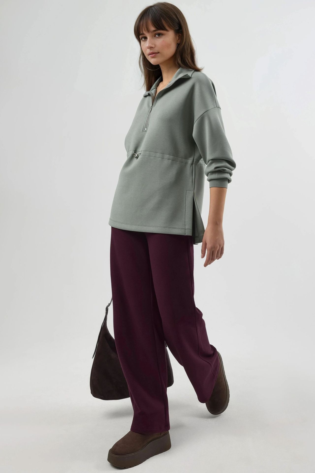 BUSEM Zipper Collar Sweatshirt with Adjustable Waist