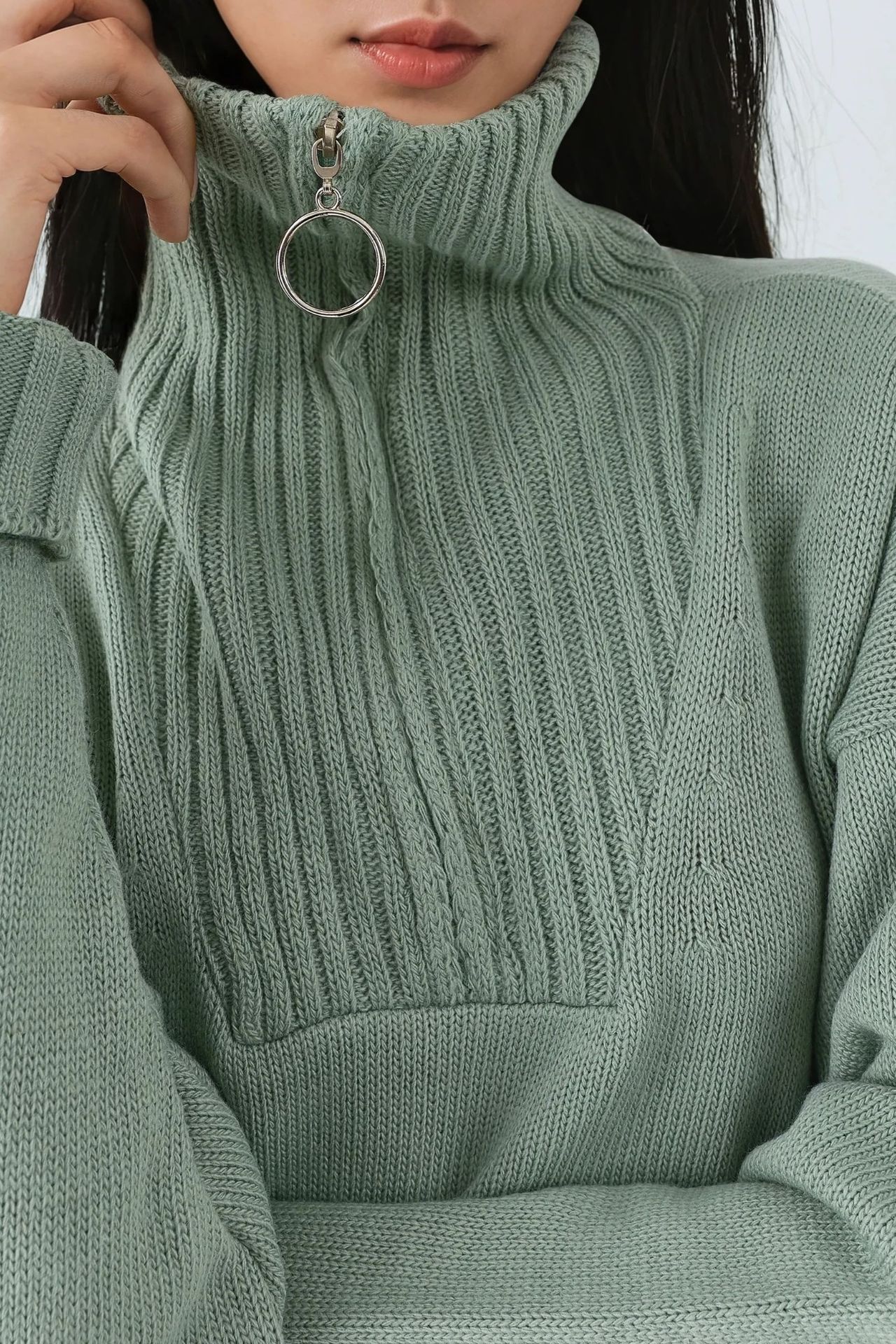 MY FASHION Oversized Ribbed Knit Sweater with Zipper Collar 5