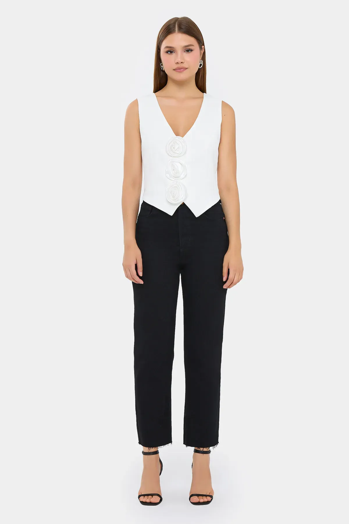 Tailored Sleeveless Cropped Waistcoat with Flower Detail 3