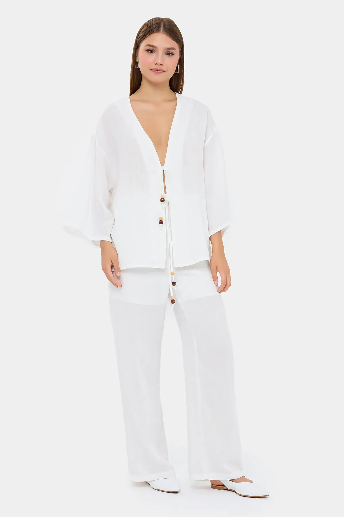 Tie-Front Deep V-Neck Coords Set 1