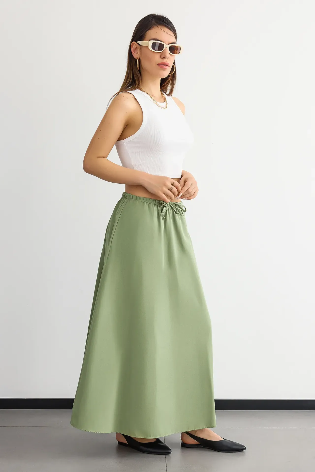 Mid-Rise Maxi Skirt with Drawstring