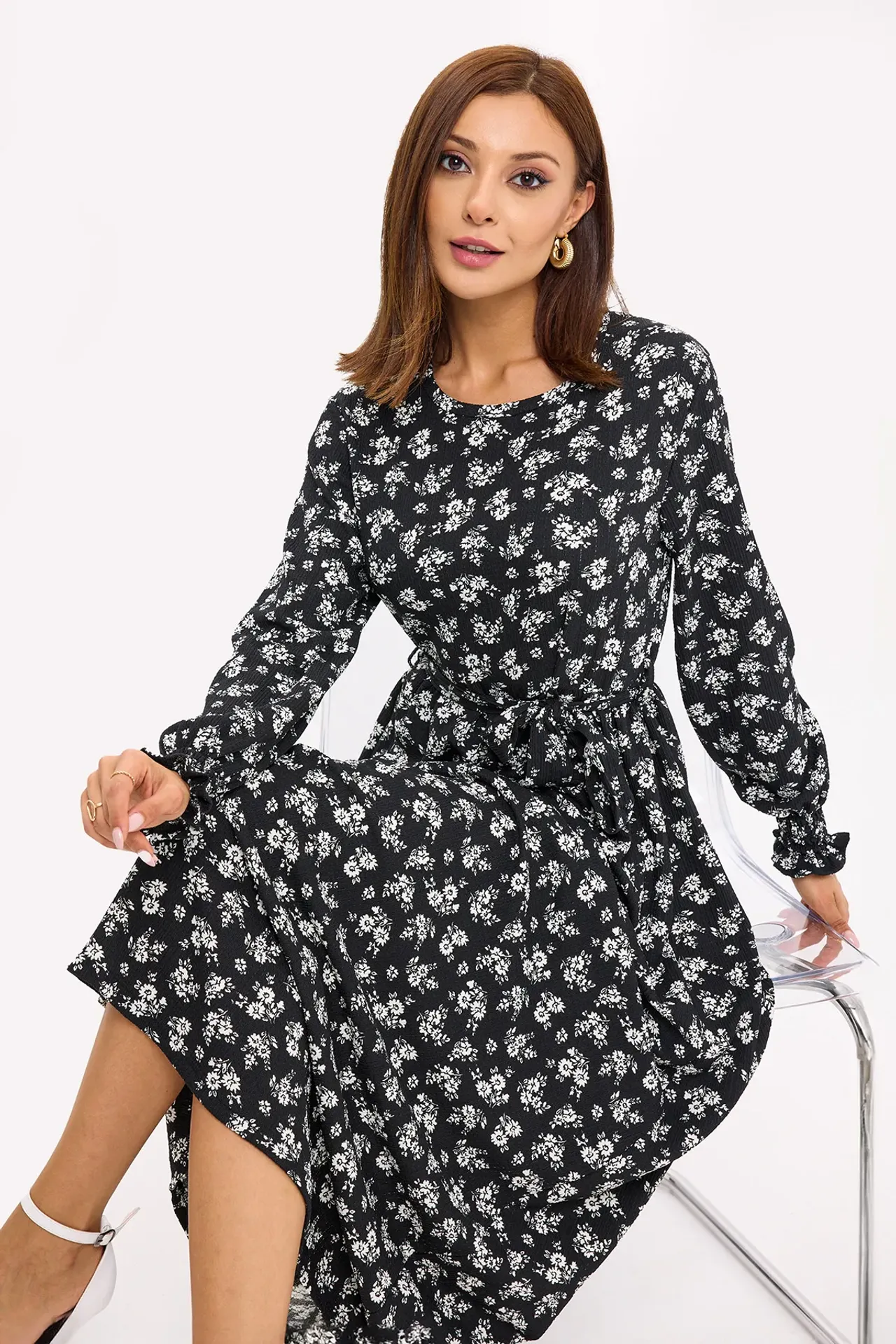Floral Maxi Dress with Long Sleeves and Tie-Side