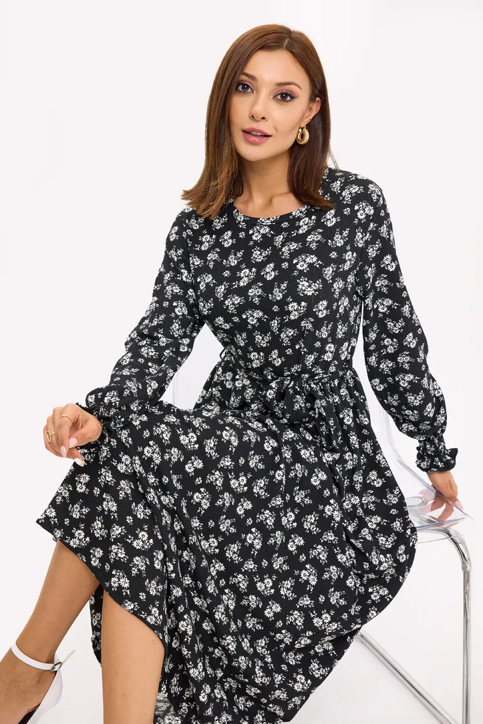 Floral Maxi Dress with Long Sleeves and Tie-Side