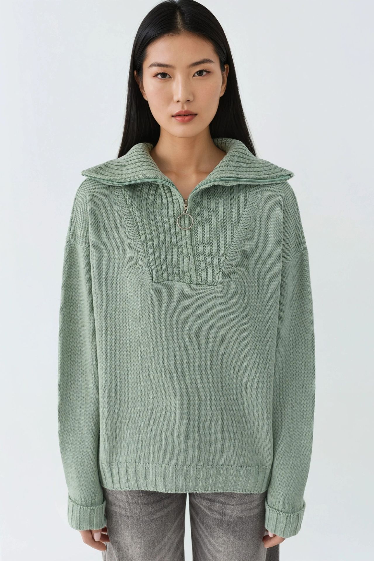 MY FASHION Oversized Ribbed Knit Sweater with Zipper Collar 7