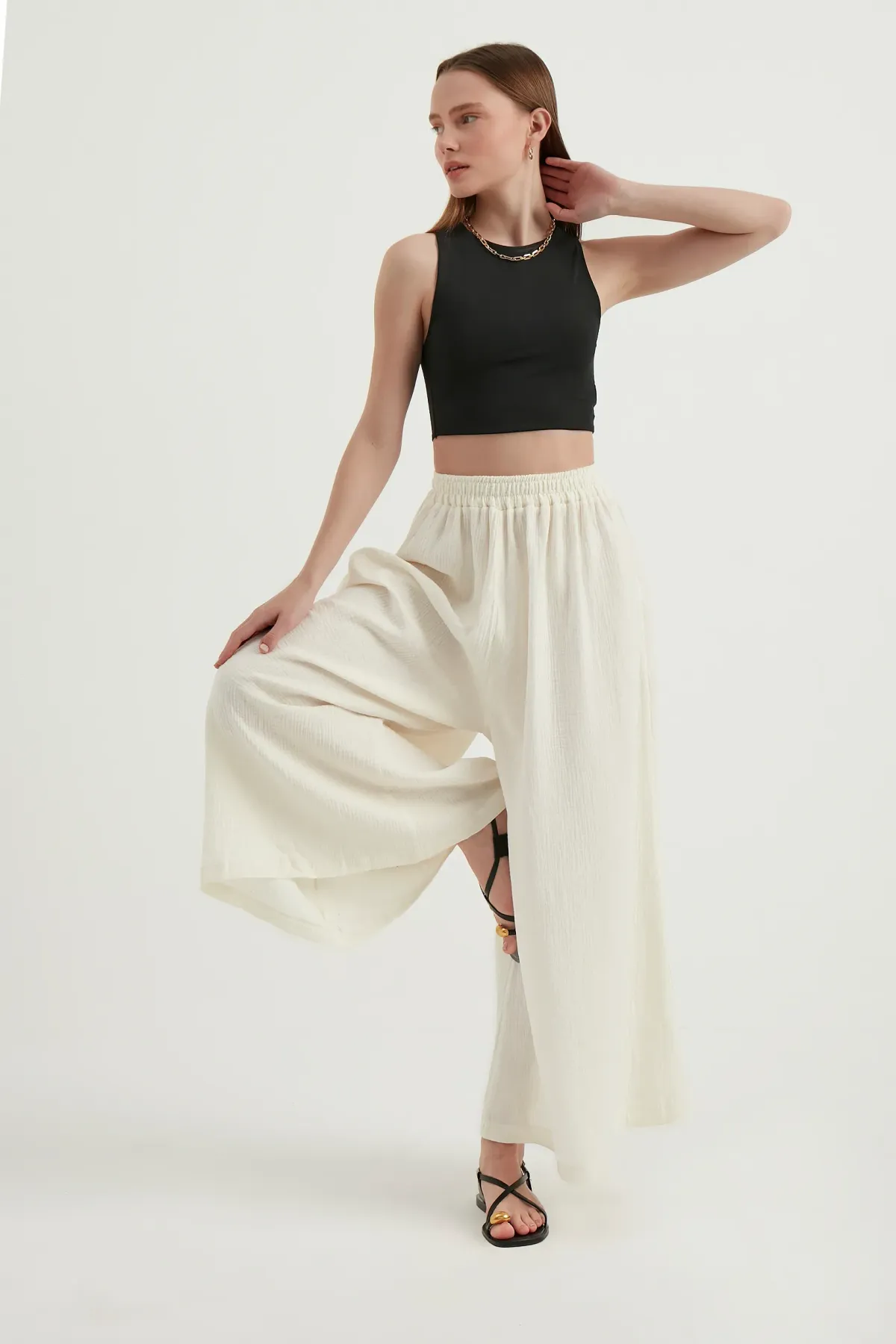 Linen High Waist Elastic Waist Super Wide Leg Trousers