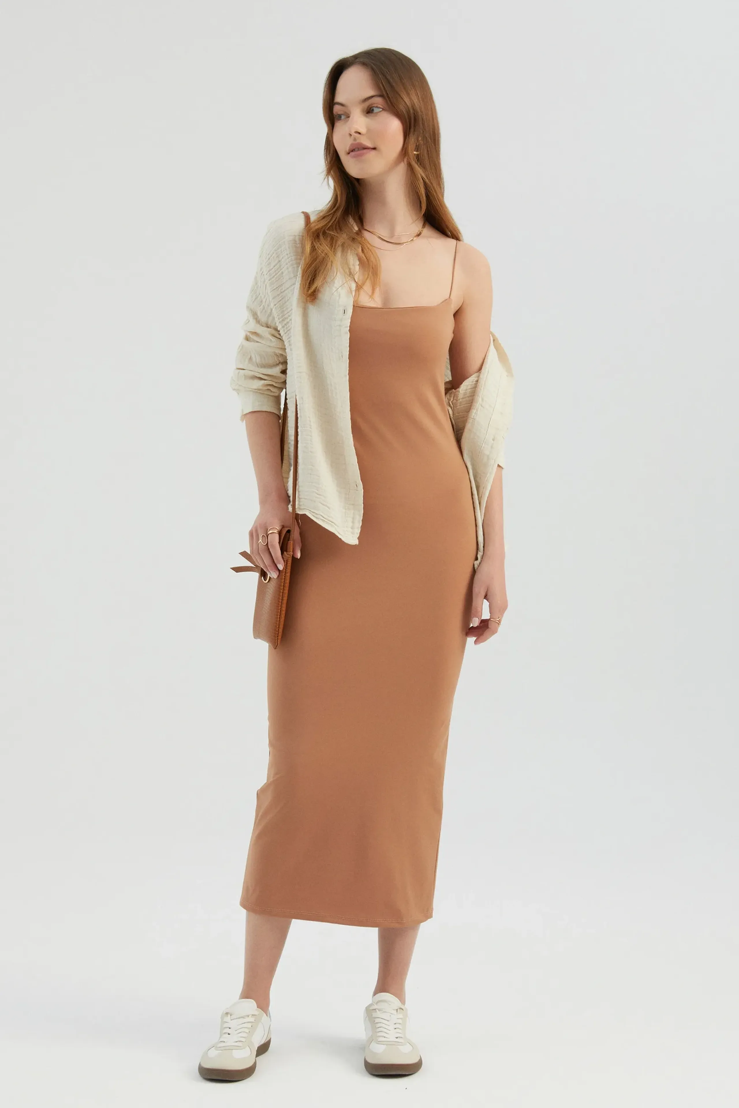 Chestnut Brown Spaghetti Strap Midi Bodycon Dress Women