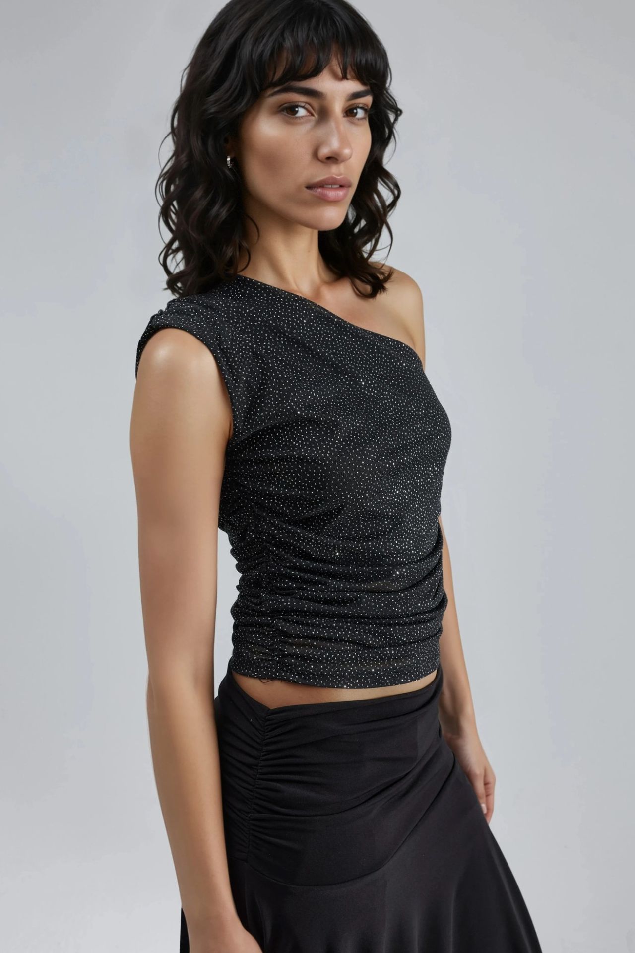 BUSEM Slim Fit Shiny Sleeveless Blouse with Asymmetrical Collar 4