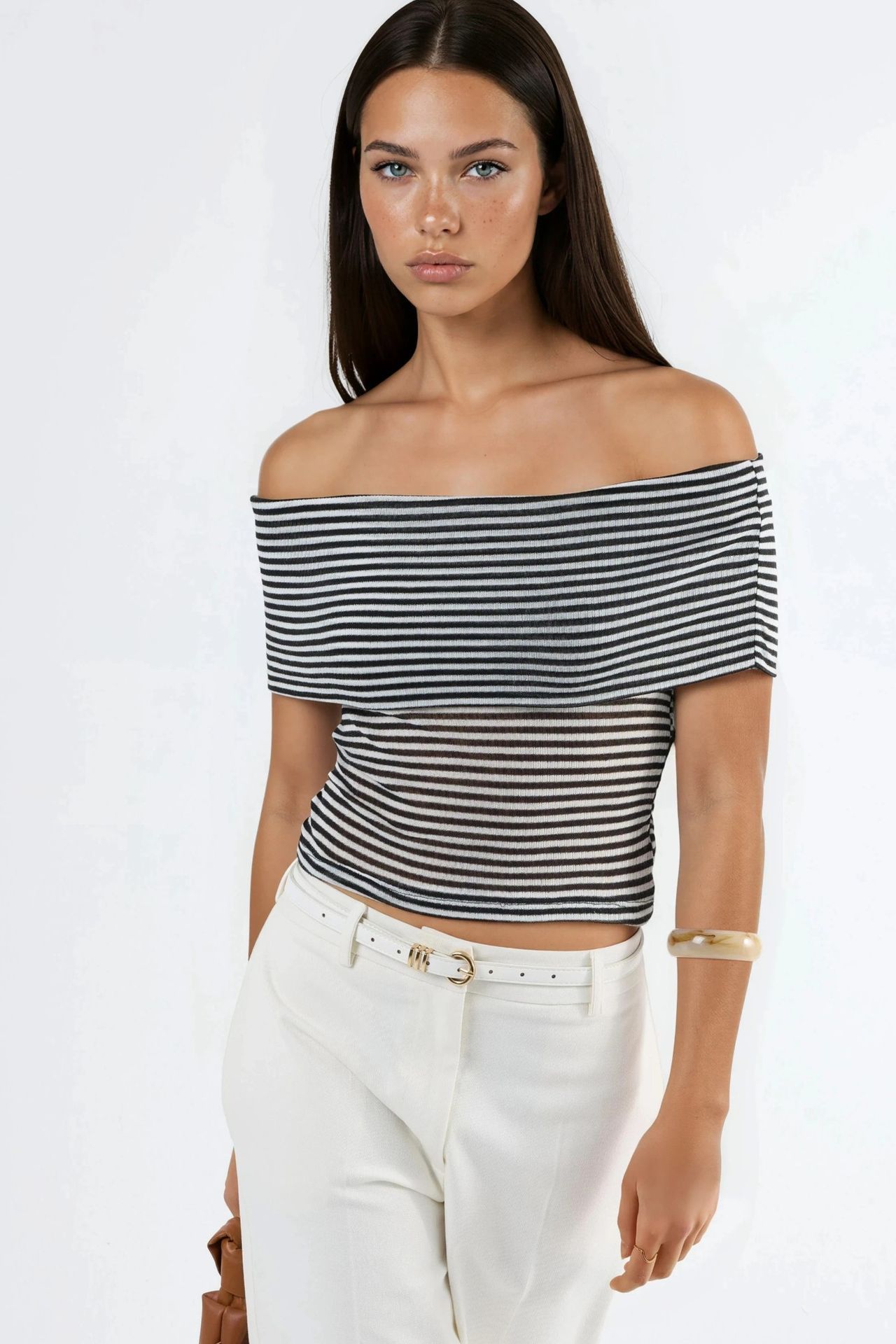 BUSEM Striped Off Shoulder Crop Blouse 1