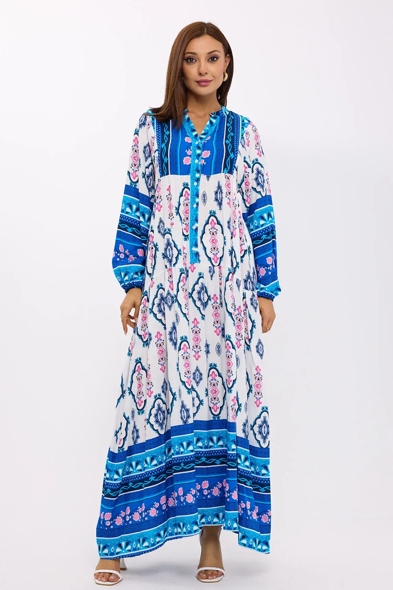 Abstract Print Tiered Shirt Maxi Dress