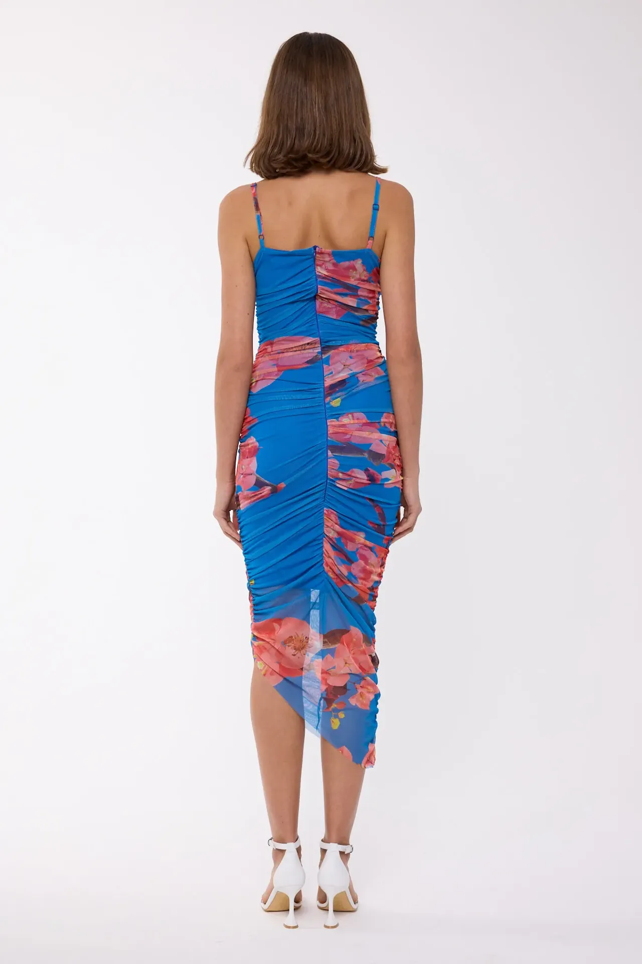 Floral Ruched Spaghetti-Strap Bodycon Midi Dress