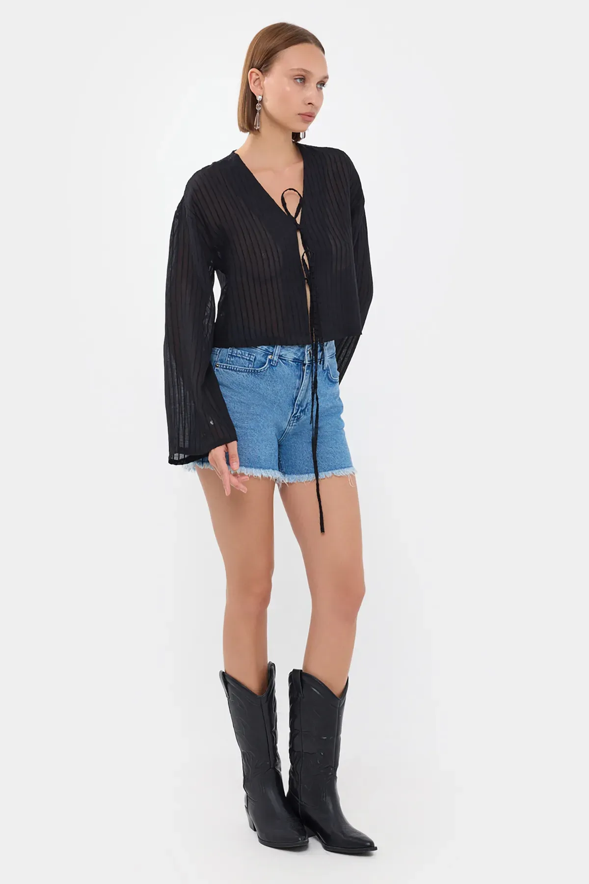 Striped Mesh V-Neck Blouse with Tie-Front 2