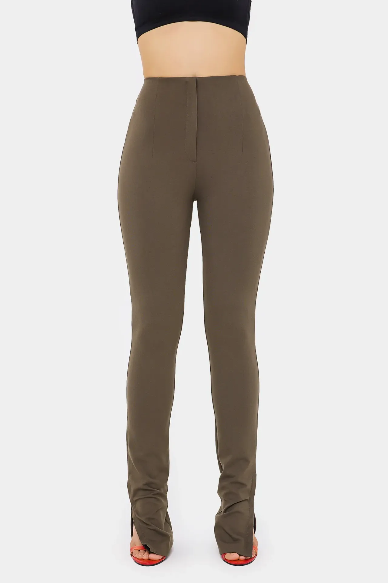 High-Waist Slim Fit Trousers with Zip-up Closure