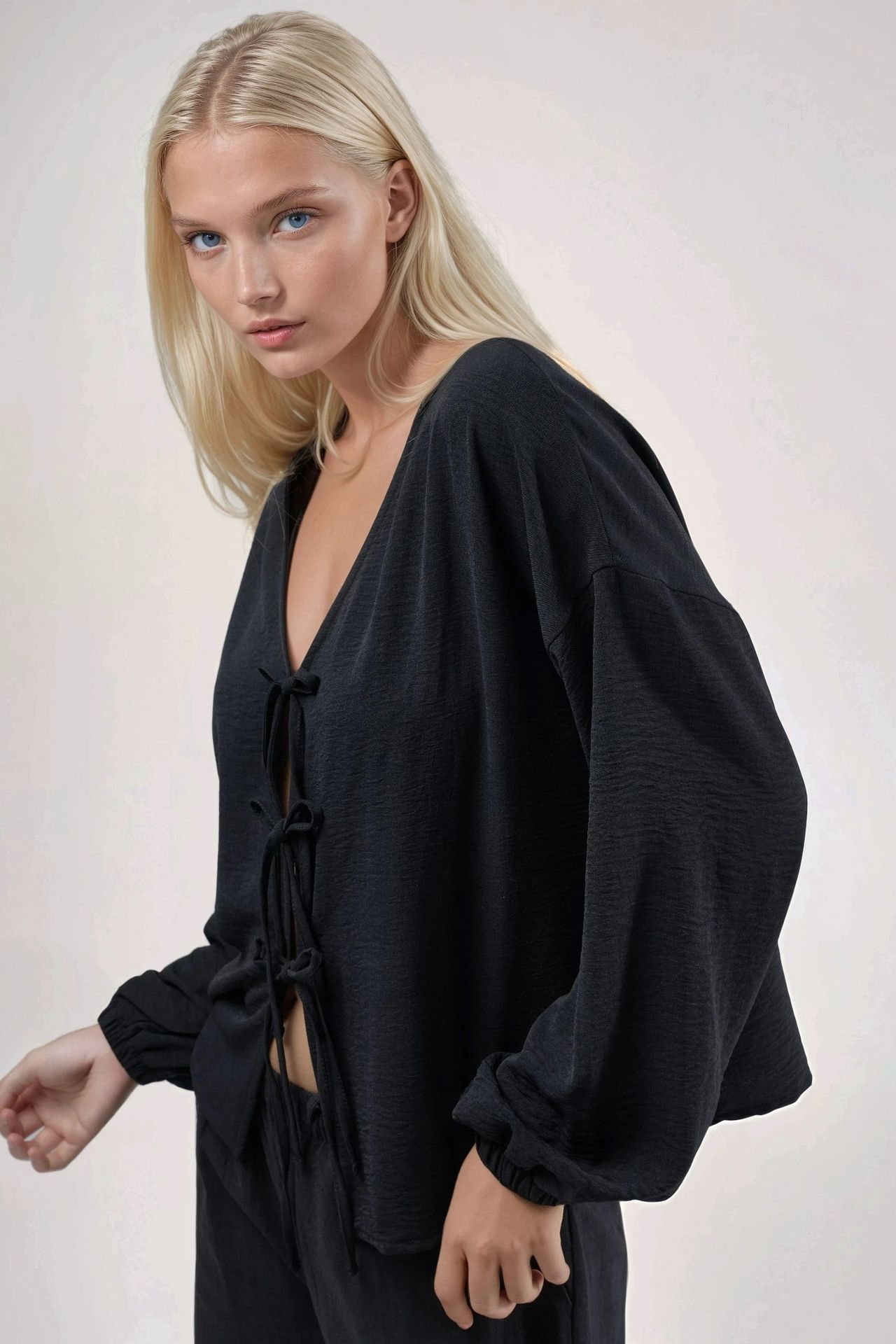 Oversized V-Neck Tie Closure Blouse 4