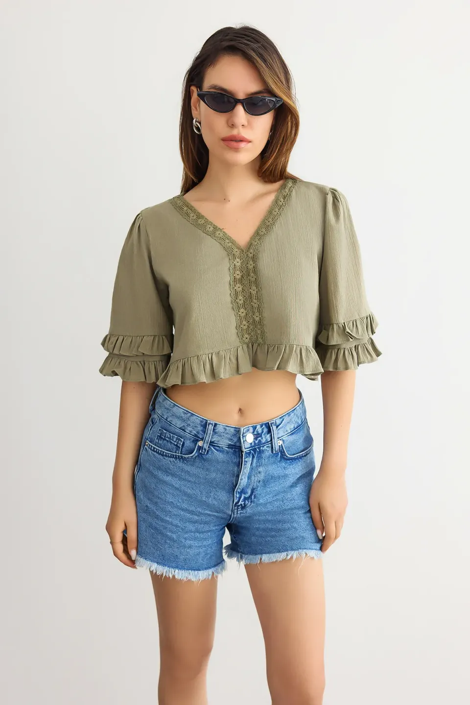 Cropped V-Neck Ruffled Blouse