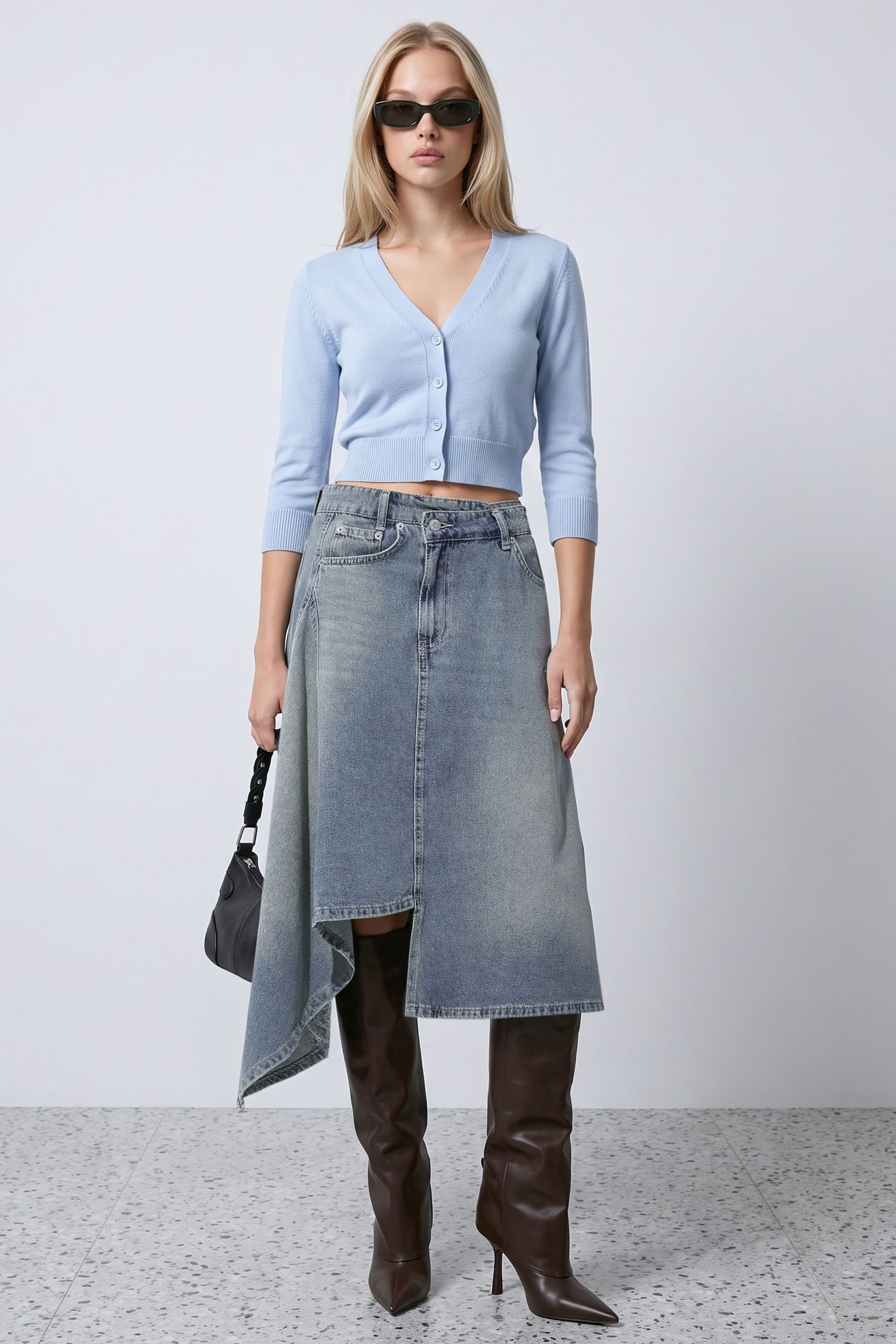 Asymmetric Wash Effect Denim Midi Skirt 1