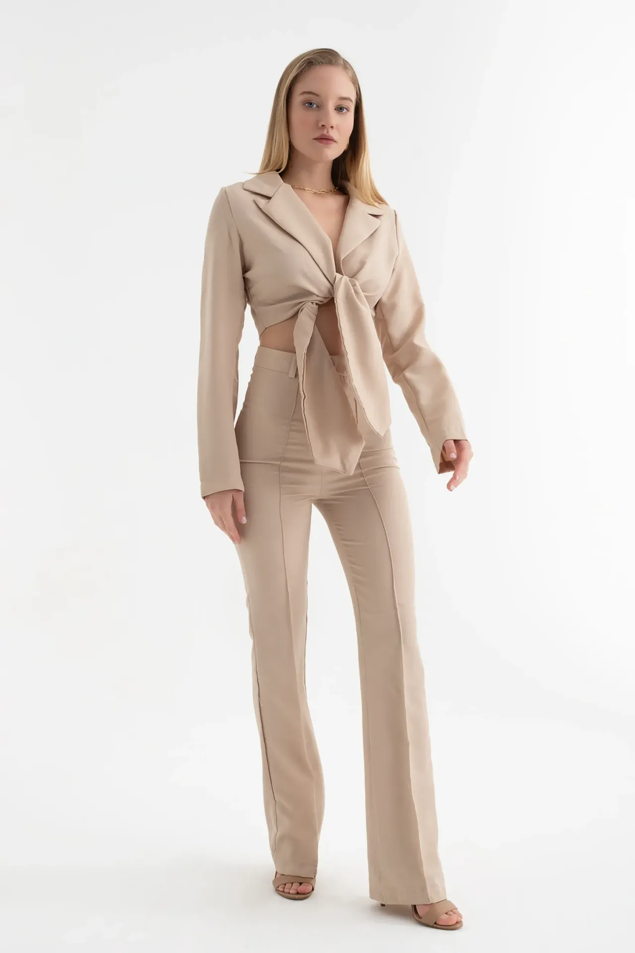 2 Pieces: Cropped Shirt with a Tie Up Detail & High Waist Straight Leg Trousers