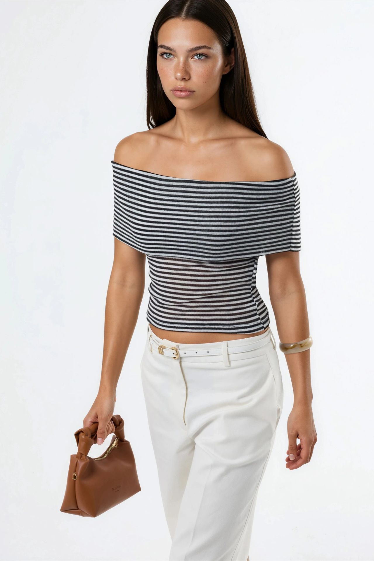 BUSEM Striped Off Shoulder Crop Blouse 2