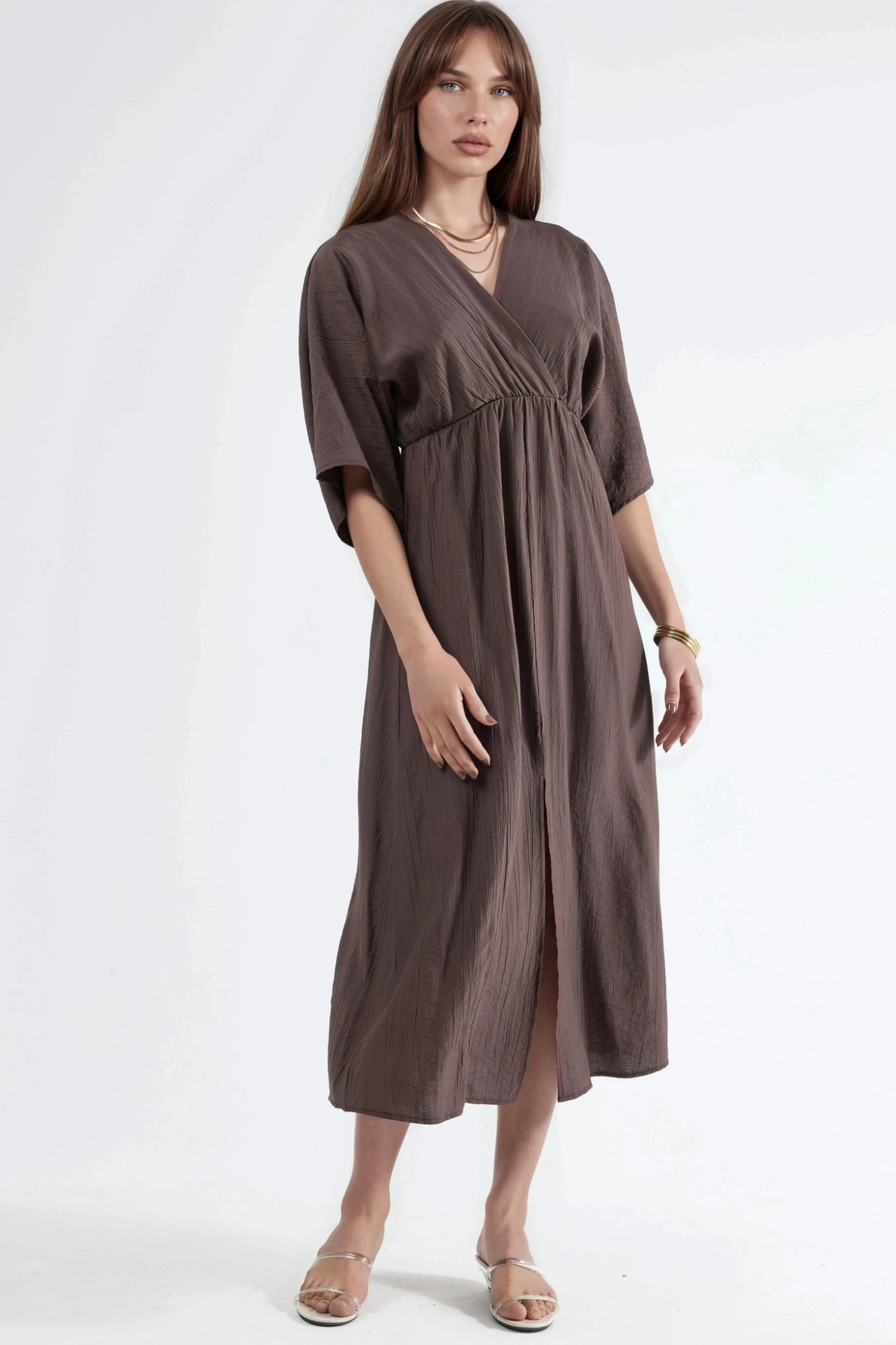 BUSEM V-Neck Midi Wrap Dress with Three Quarter Sleeves 5