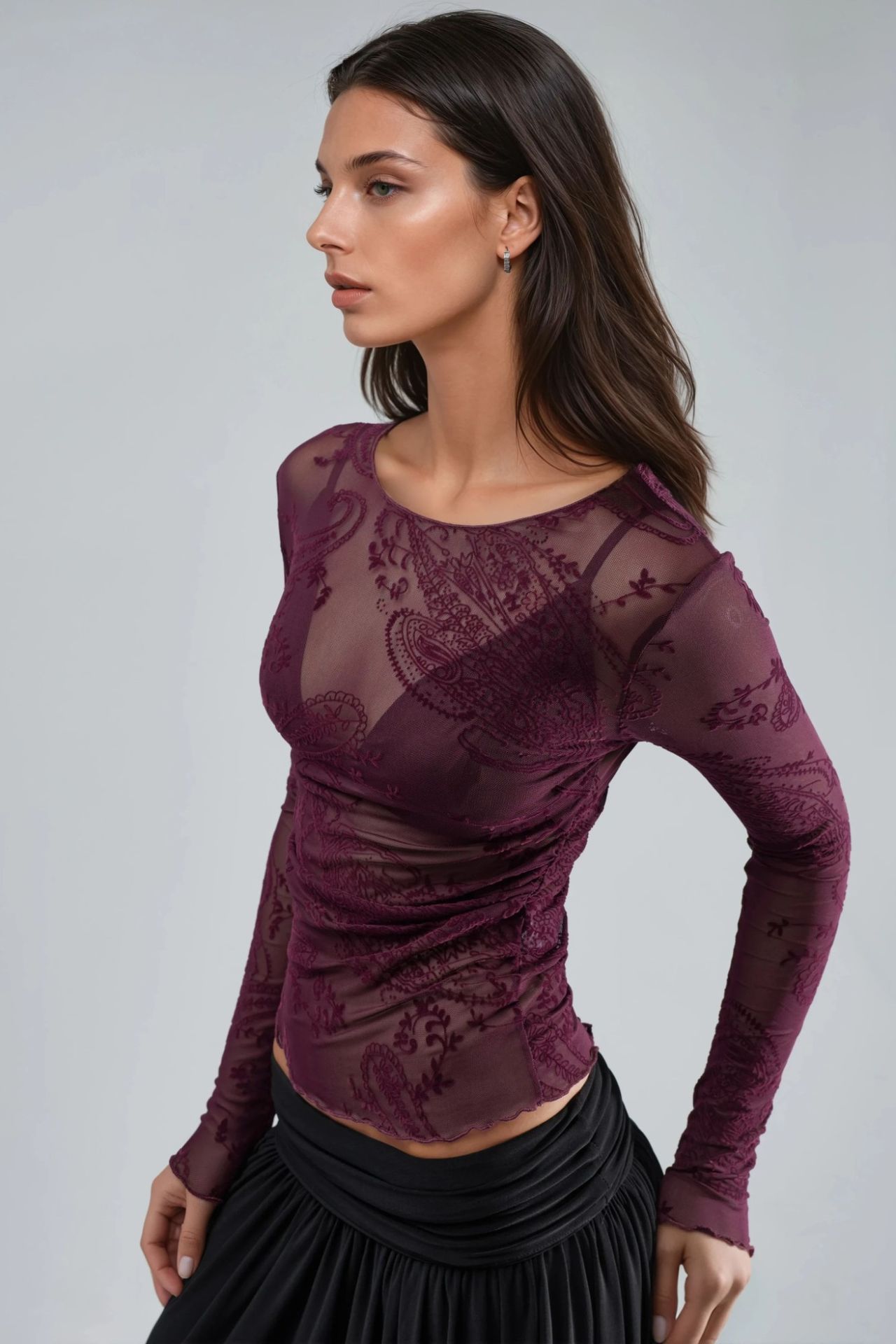BUSEM Fitted Long Sleeve Flock Print Tulle Blouse 2