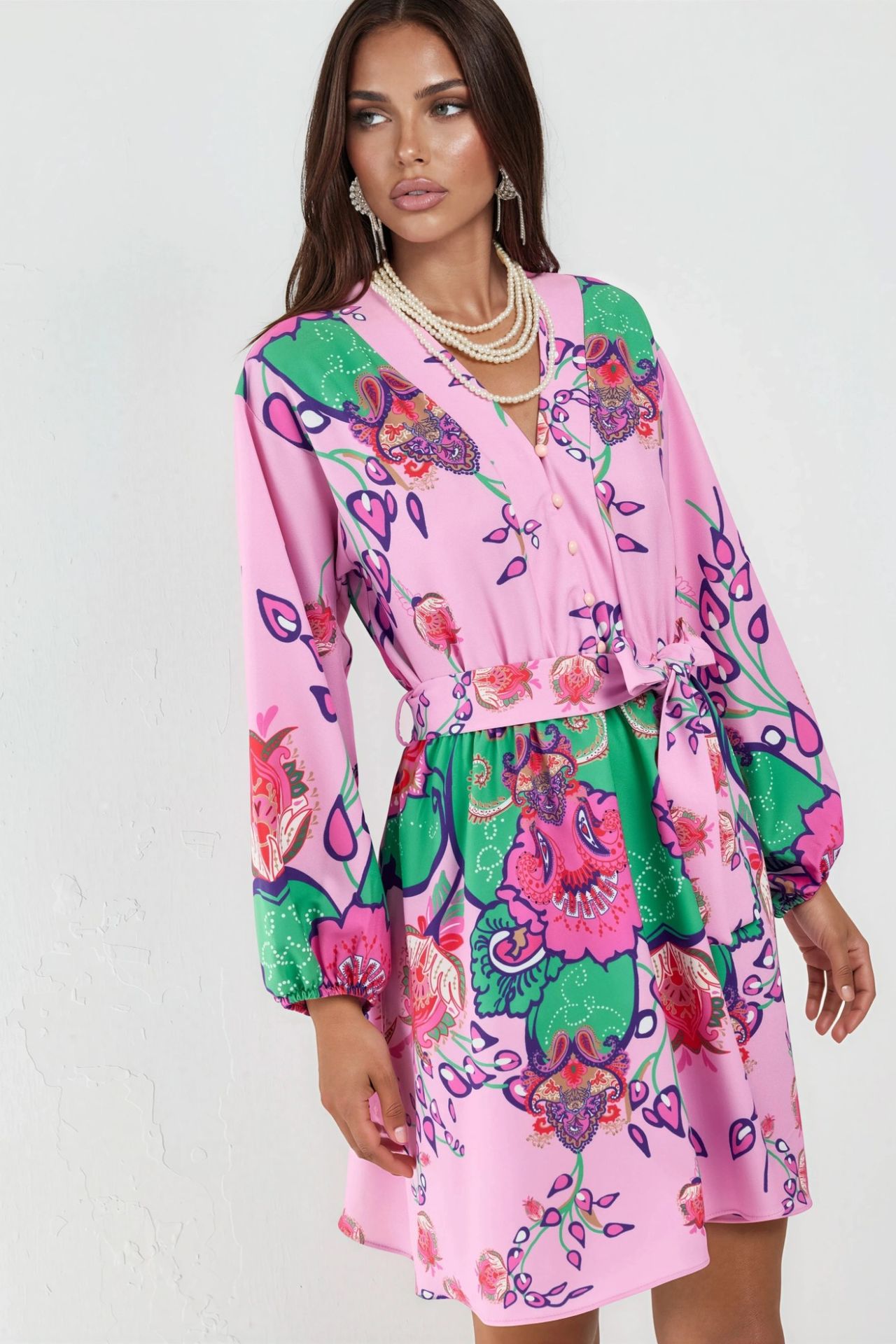 MSN Floral V-Neck A-Line Mini Dress with Belt 4