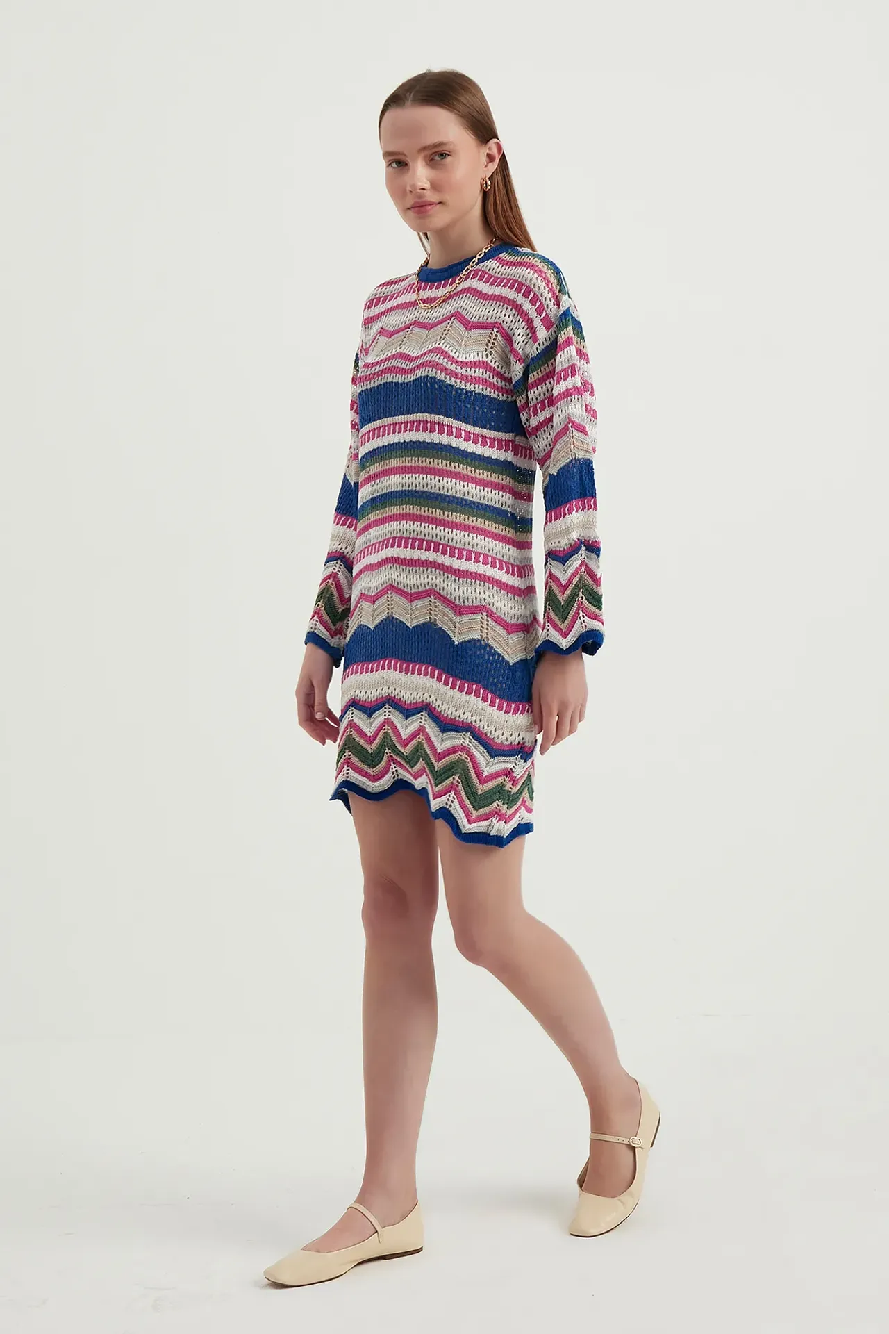 Geometric Crew Neck Crochet Bell Sleeves Mini Dress