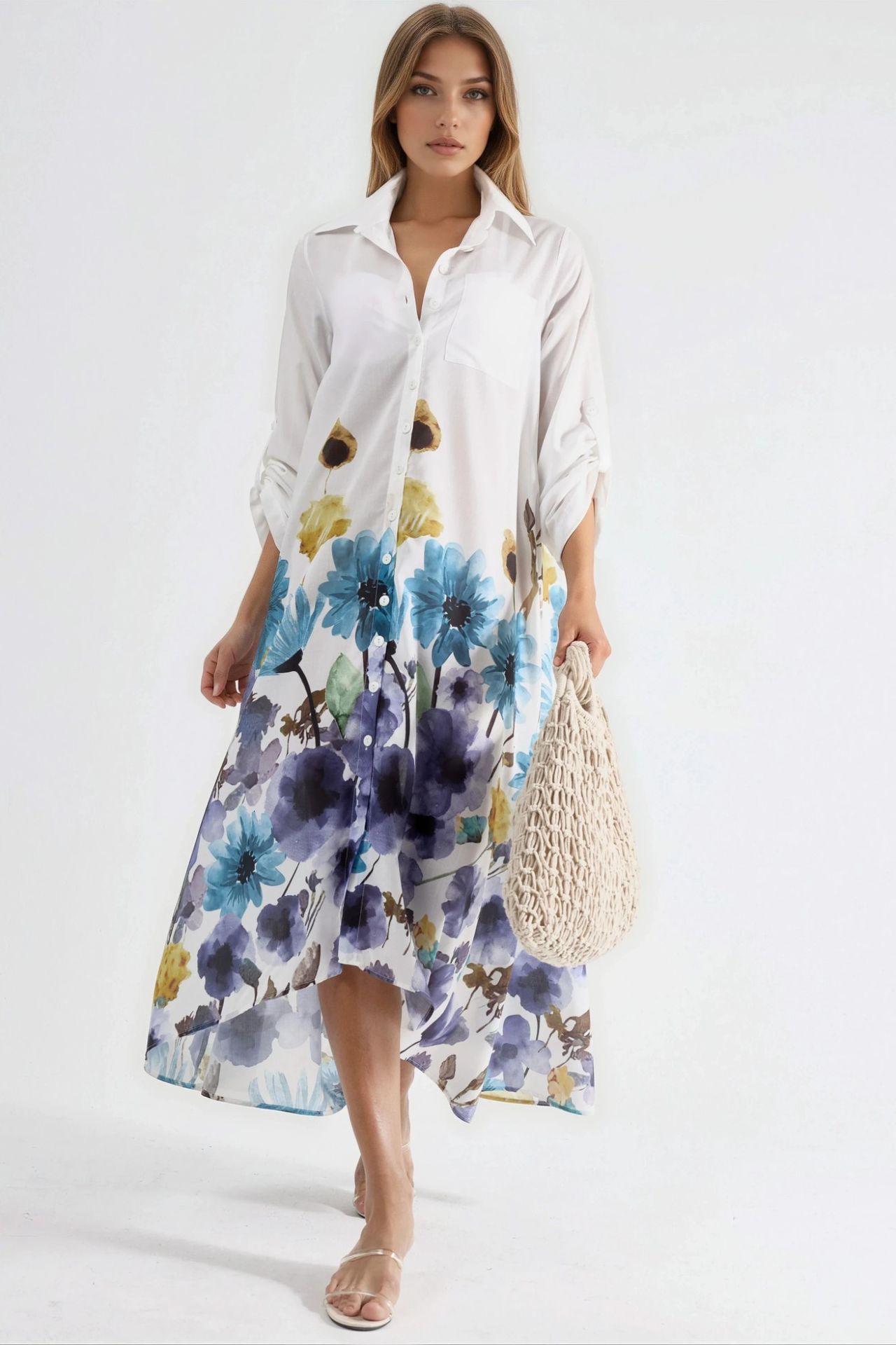 MSN Floral Maxi Dress with Shirt Collar and Button Closure 6