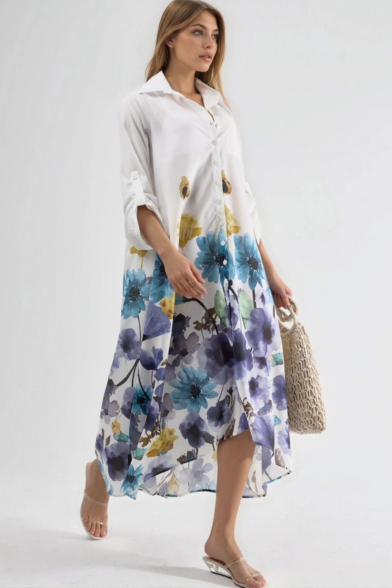 MSN Floral Maxi Dress with Shirt Collar and Button Closure 2