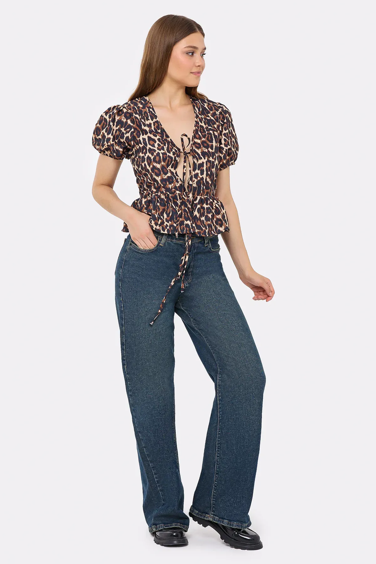 Animal Print Balloon Sleeve Blouse with Tie Front 3