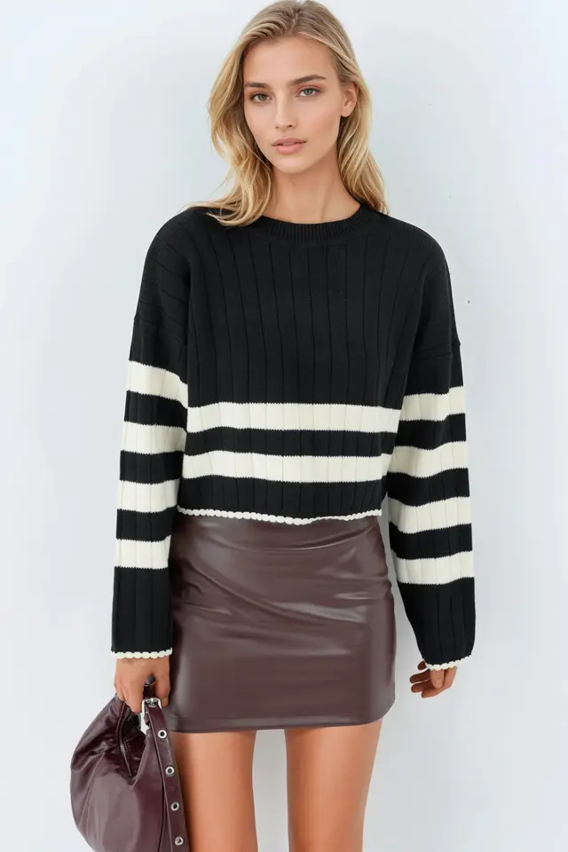 MY FASHION Striped Ribbed Knit Sweater with Crew Neck