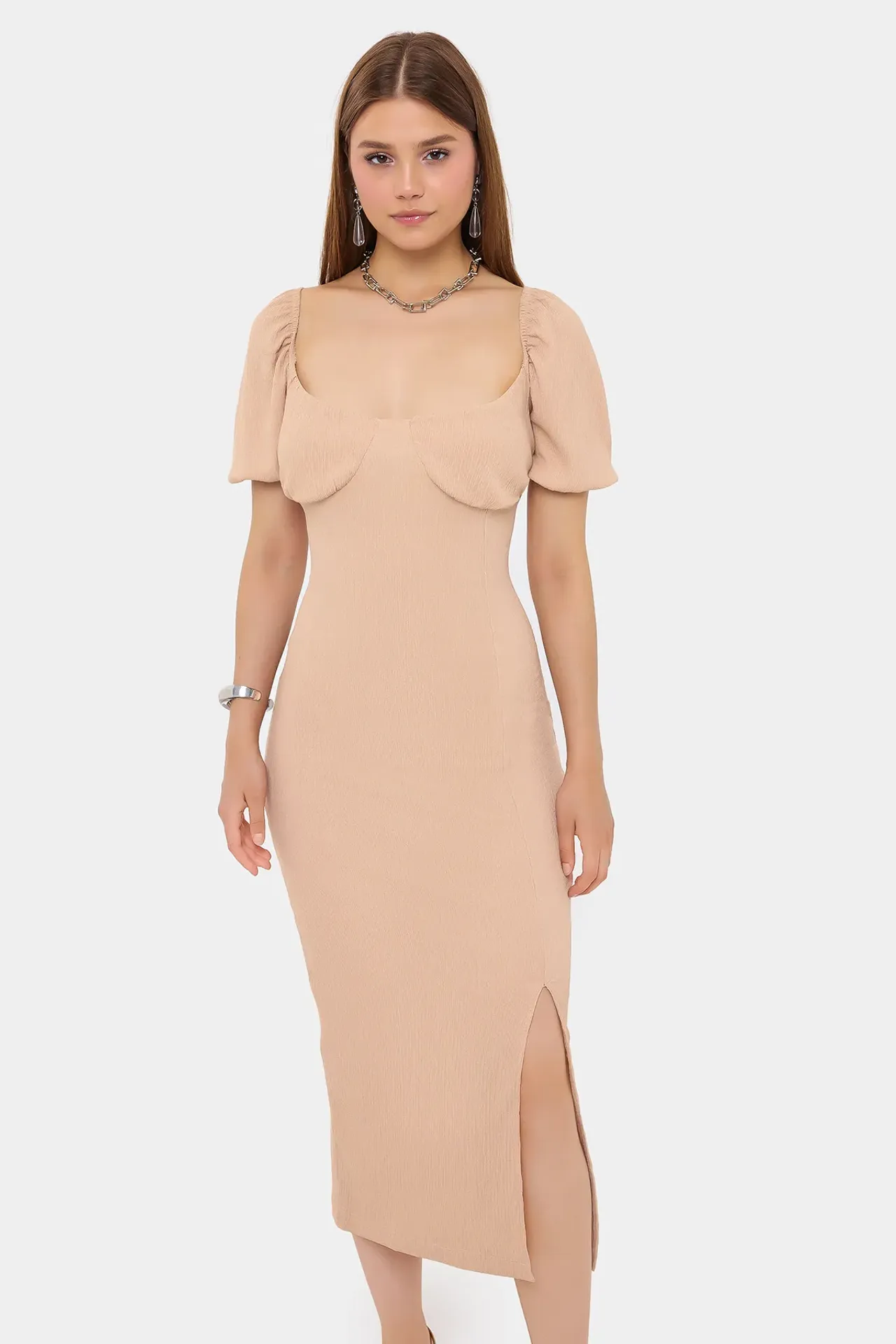 Sweetheart Neck Puff Sleeve Midi Dress with Side Slit