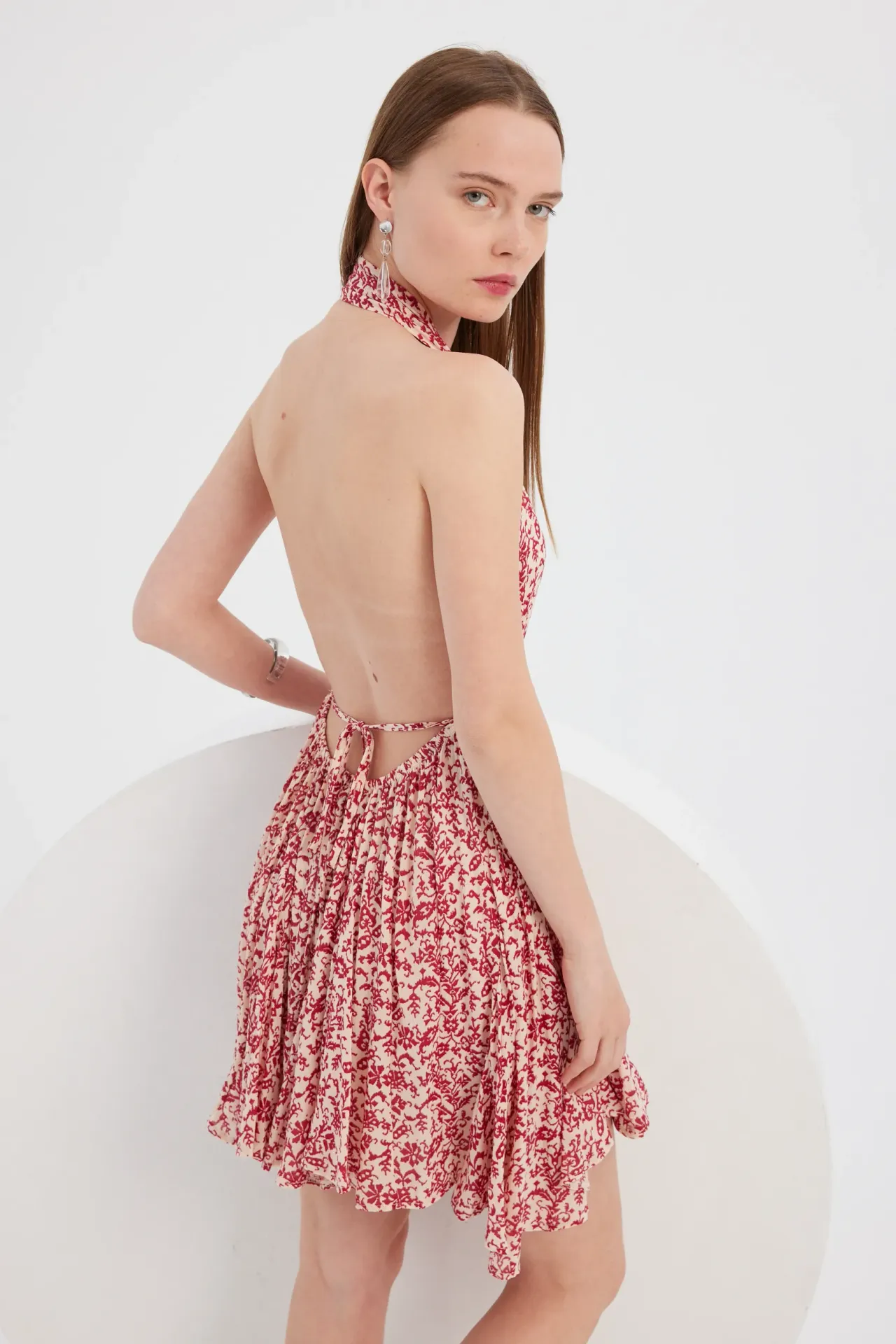 Floral Plunge Neck Backless Mini Dress