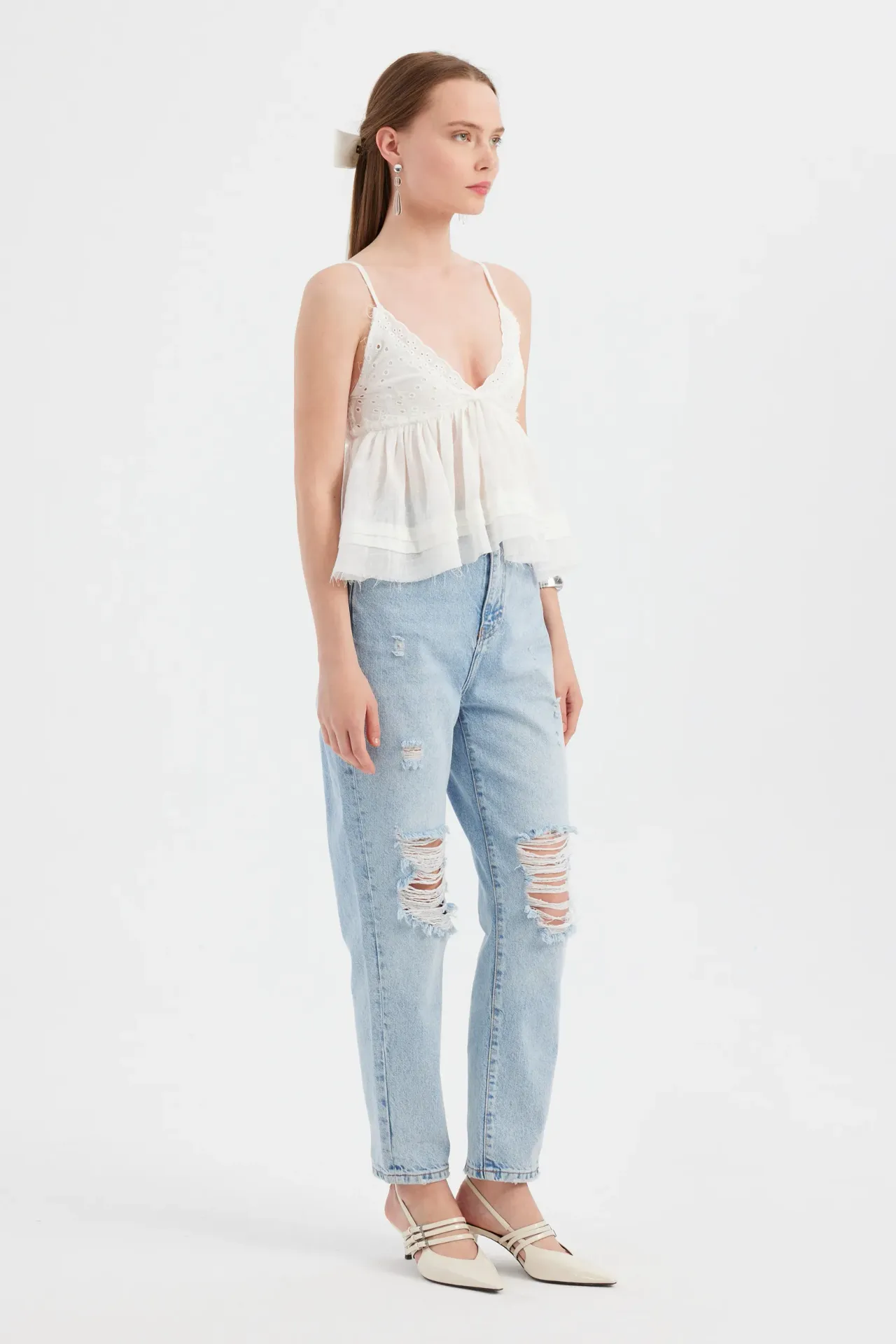 Mesh Tiered V-Neck Sleeveless Top