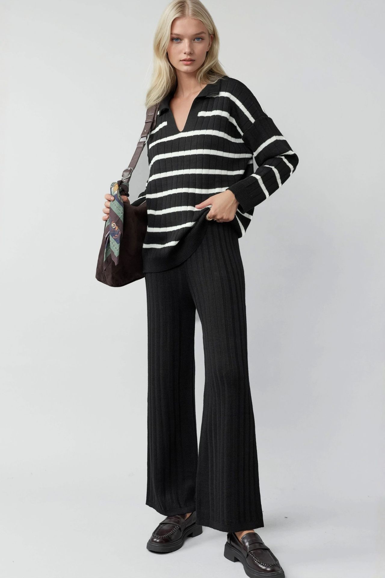MY FASHION Striped Knit Co-ord Set with Polo Collar 1