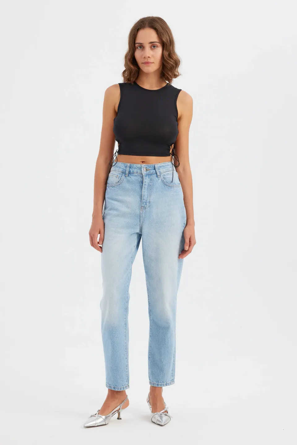 Woven Round Neck Sleeveless Cropped Tank Top with Side Cut-Out