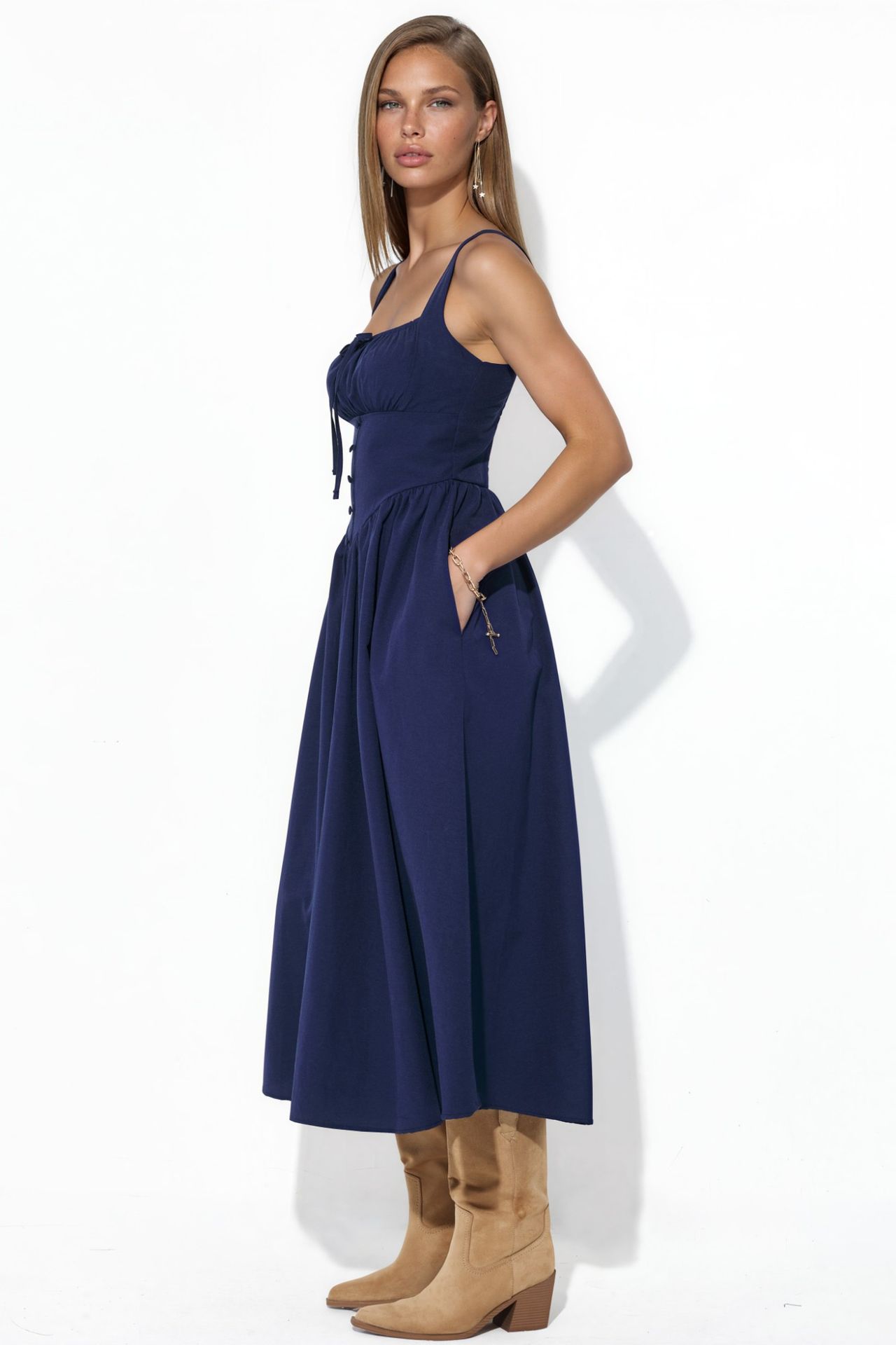 BUSEM Midi Dress with Square Collar and Button Detail 2