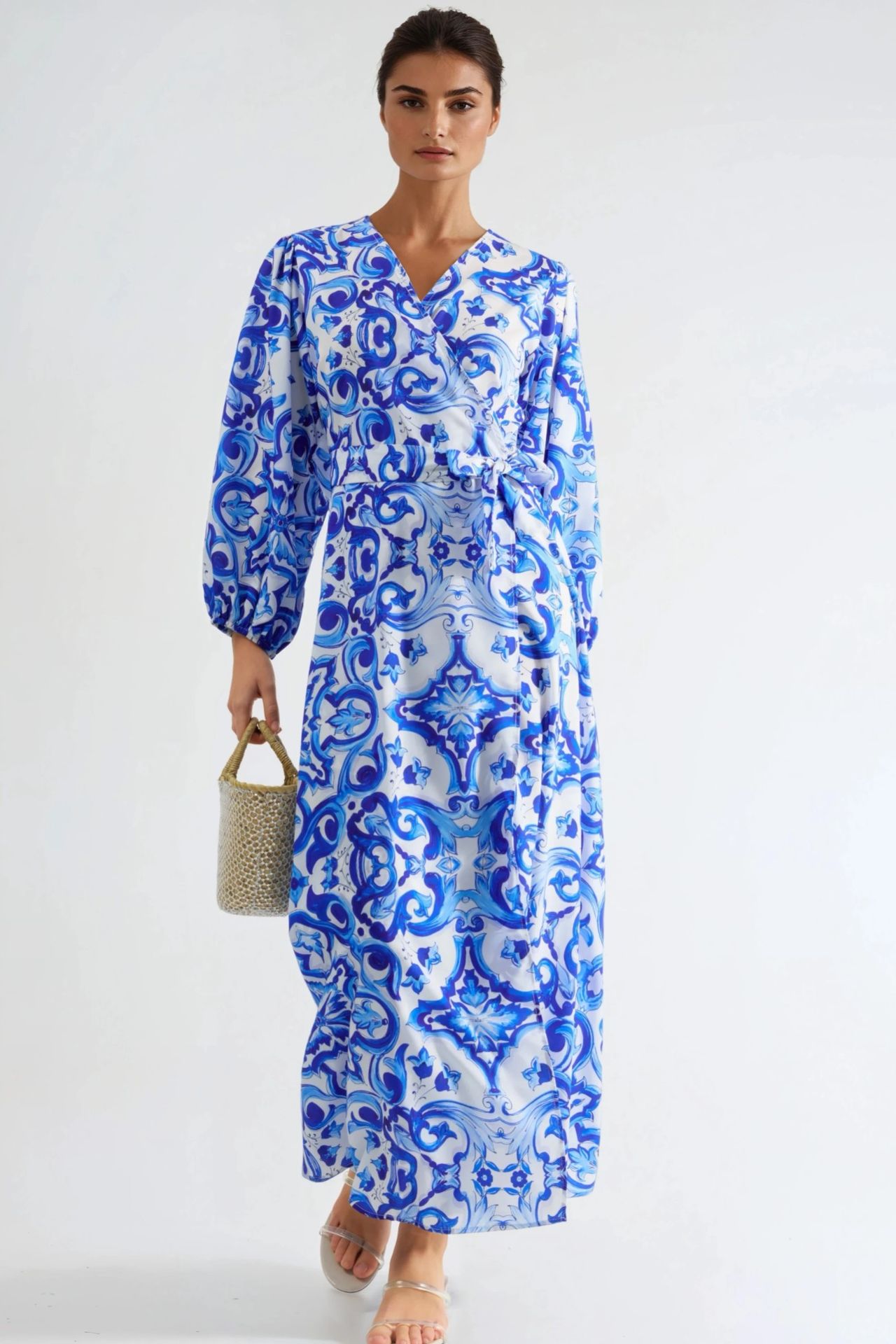 MSN Printed V-Neck Maxi Dress with Long Sleeves 5