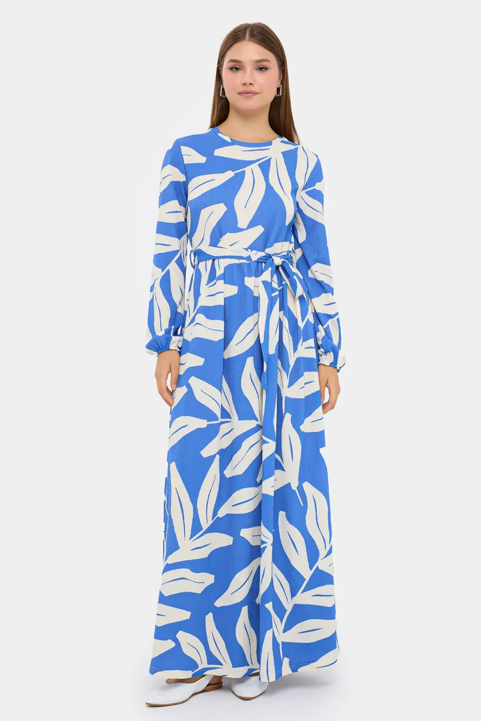 Abstract Print Maxi Dress with Long Sleeves