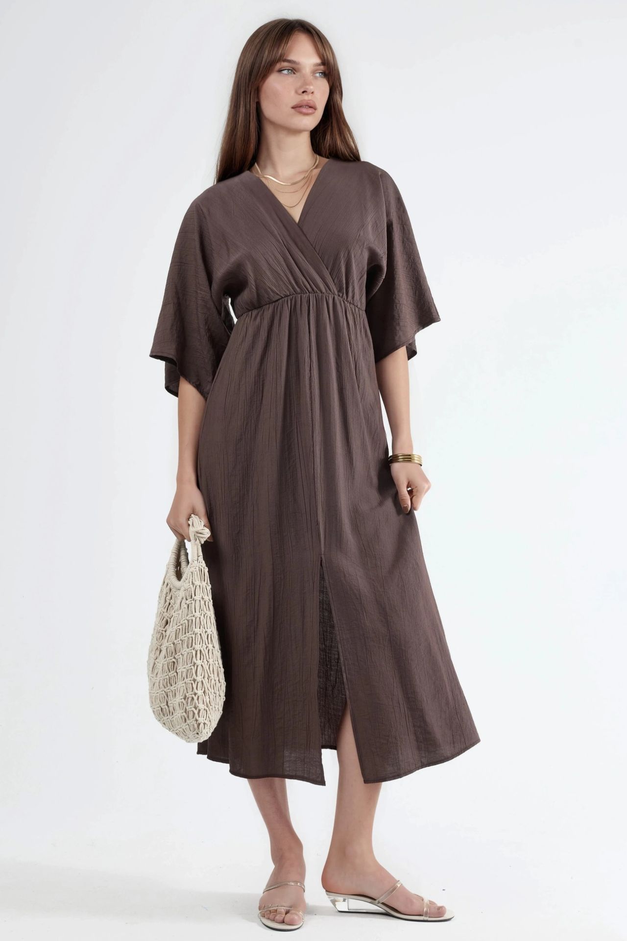 BUSEM V-Neck Midi Wrap Dress with Three Quarter Sleeves 1