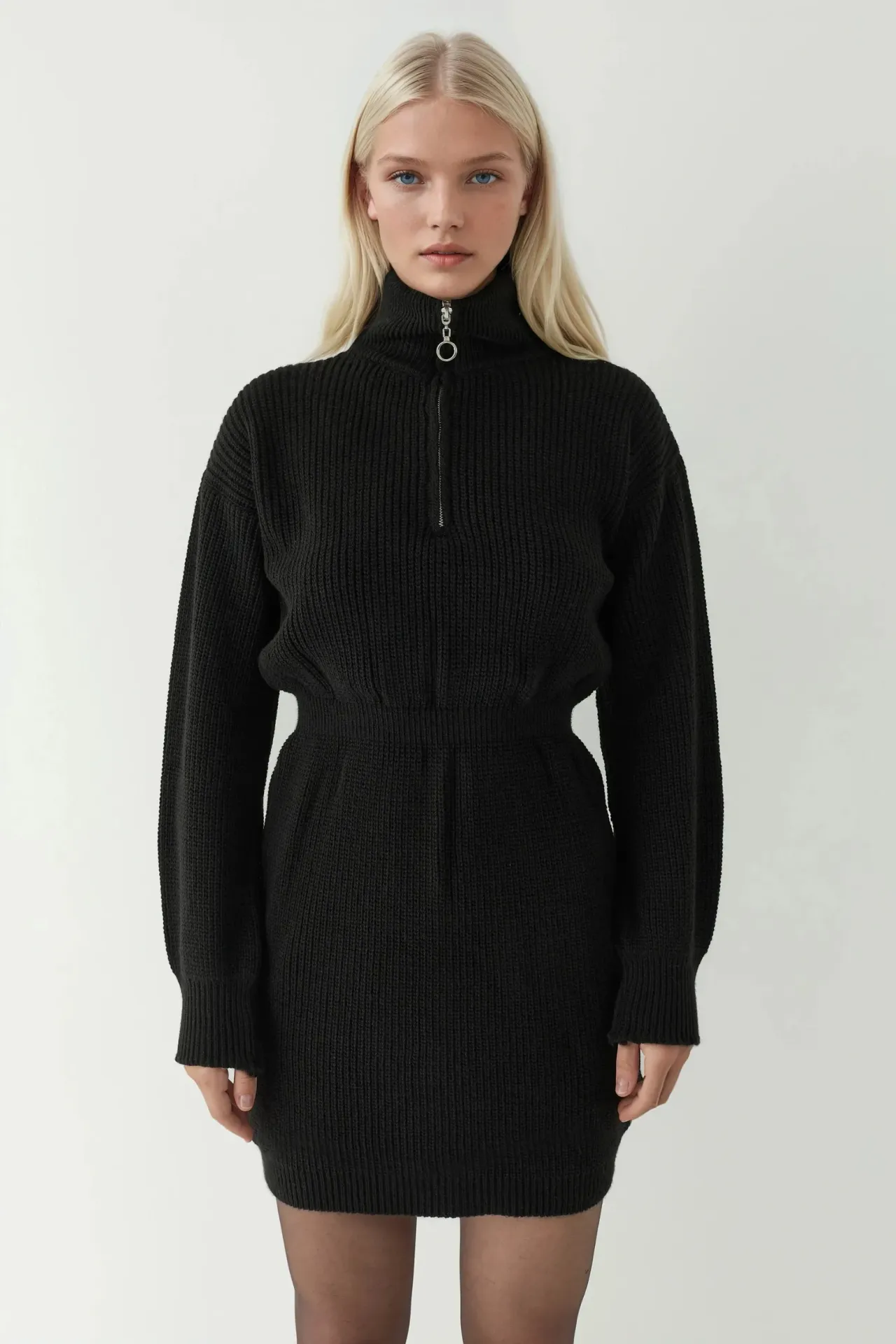 Waist Sitting Ribbed Mini Knit Dress with Zipper Collar 4